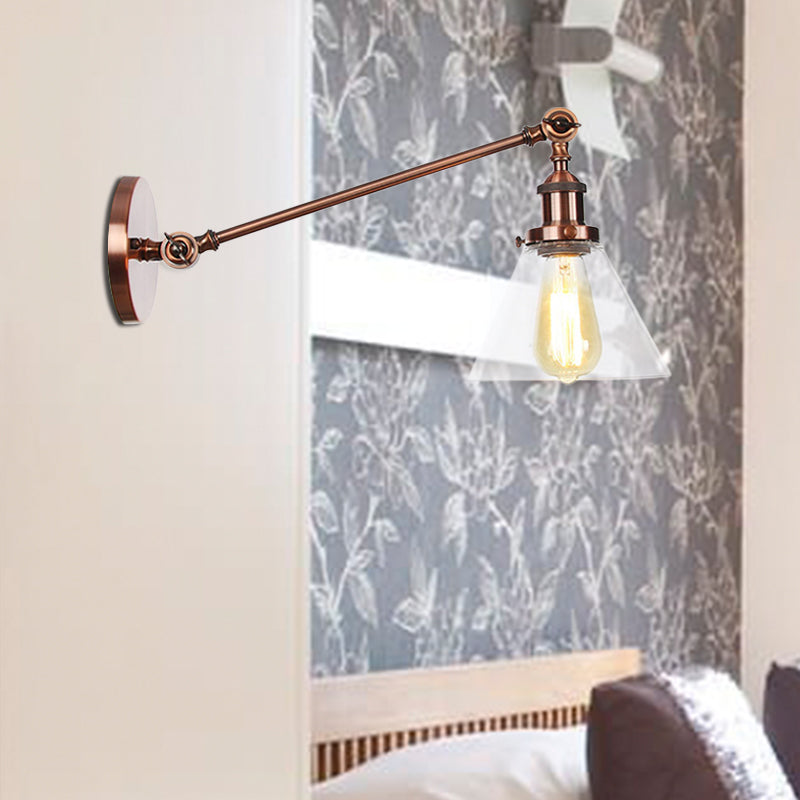 Industrial Conical Sconce Light 1 Light Clear Glass Lighting Fixture in Black/Bronze/Brass, 8"/12" L Arm Copper Clearhalo 'Art deco wall lights' 'Cast Iron' 'Glass' 'Industrial wall lights' 'Industrial' 'Middle century wall lights' 'Modern' 'Rustic wall lights' 'Tiffany' 'Traditional wall lights' 'Wall Lamps & Sconces' 'Wall Lights' Lighting' 521029