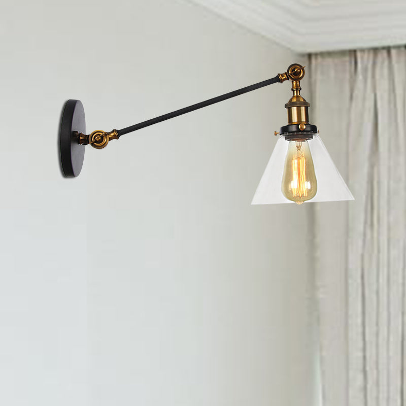 Industrial Conical Sconce Light 1 Light Clear Glass Lighting Fixture in Black/Bronze/Brass, 8"/12" L Arm Brass Clearhalo 'Art deco wall lights' 'Cast Iron' 'Glass' 'Industrial wall lights' 'Industrial' 'Middle century wall lights' 'Modern' 'Rustic wall lights' 'Tiffany' 'Traditional wall lights' 'Wall Lamps & Sconces' 'Wall Lights' Lighting' 521031