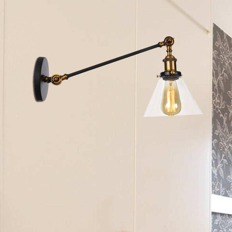 Industrial Conical Sconce Light 1 Light Clear Glass Lighting Fixture in Black/Bronze/Brass, 8"/12" L Arm Clearhalo 'Art deco wall lights' 'Cast Iron' 'Glass' 'Industrial wall lights' 'Industrial' 'Middle century wall lights' 'Modern' 'Rustic wall lights' 'Tiffany' 'Traditional wall lights' 'Wall Lamps & Sconces' 'Wall Lights' Lighting' 521032