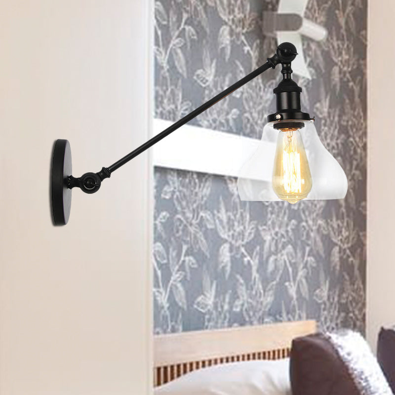 1 Light Indoor Lighting Fixture Farmhouse Black/Bronze/Brass Sconce with Pear Clear Glass Shade, 8"/12" L Arm Clearhalo 'Art deco wall lights' 'Cast Iron' 'Glass' 'Industrial wall lights' 'Industrial' 'Middle century wall lights' 'Modern' 'Rustic wall lights' 'Tiffany' 'Traditional wall lights' 'Wall Lamps & Sconces' 'Wall Lights' Lighting' 521036