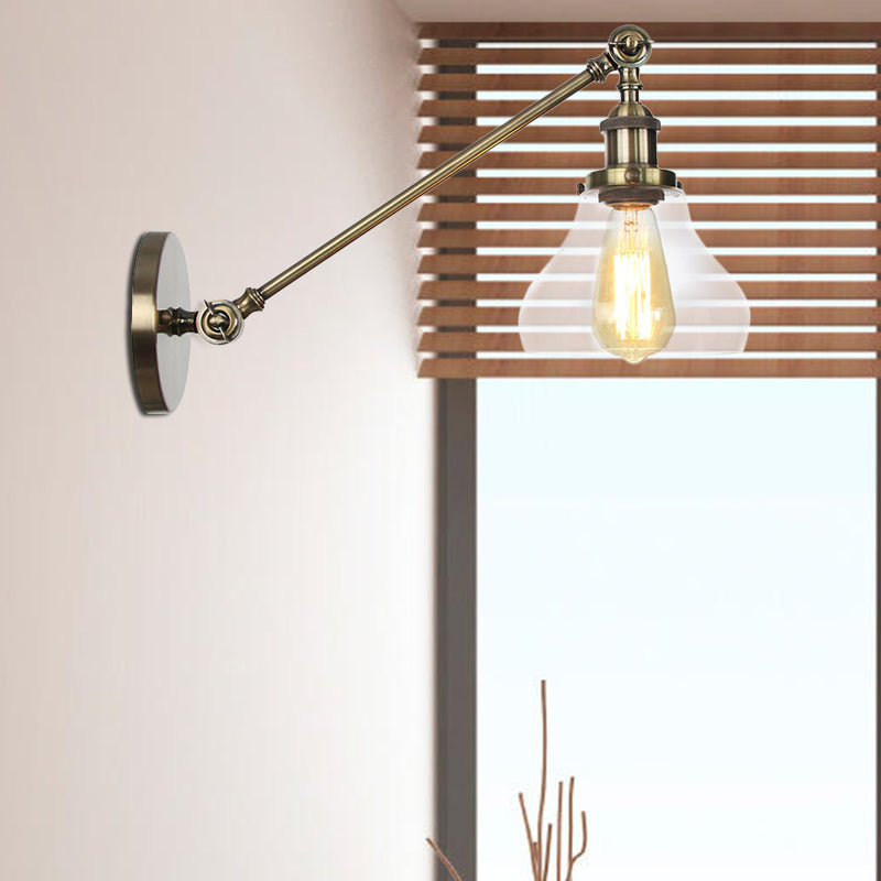 1 Light Indoor Lighting Fixture Farmhouse Black/Bronze/Brass Sconce with Pear Clear Glass Shade, 8"/12" L Arm Bronze Clearhalo 'Art deco wall lights' 'Cast Iron' 'Glass' 'Industrial wall lights' 'Industrial' 'Middle century wall lights' 'Modern' 'Rustic wall lights' 'Tiffany' 'Traditional wall lights' 'Wall Lamps & Sconces' 'Wall Lights' Lighting' 521039