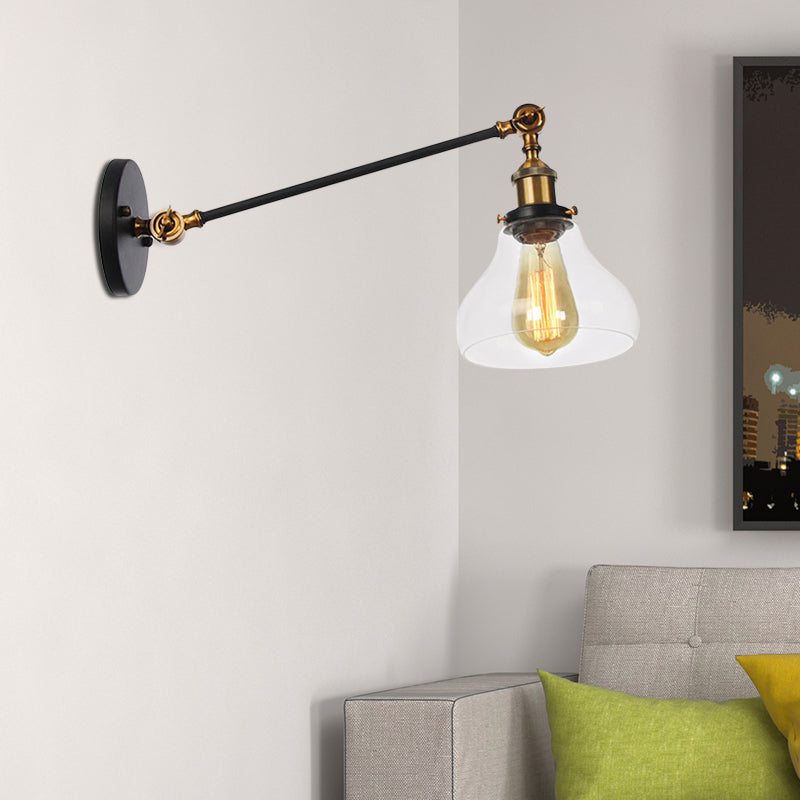 1 Light Indoor Lighting Fixture Farmhouse Black/Bronze/Brass Sconce with Pear Clear Glass Shade, 8"/12" L Arm Brass Clearhalo 'Art deco wall lights' 'Cast Iron' 'Glass' 'Industrial wall lights' 'Industrial' 'Middle century wall lights' 'Modern' 'Rustic wall lights' 'Tiffany' 'Traditional wall lights' 'Wall Lamps & Sconces' 'Wall Lights' Lighting' 521041