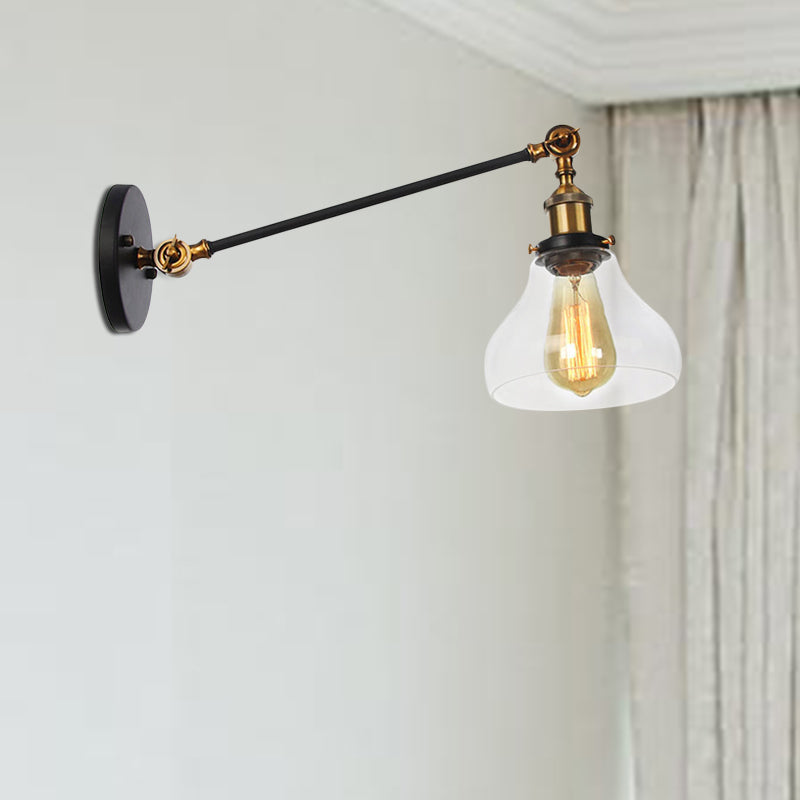 1 Light Indoor Lighting Fixture Farmhouse Black/Bronze/Brass Sconce with Pear Clear Glass Shade, 8"/12" L Arm Clearhalo 'Art deco wall lights' 'Cast Iron' 'Glass' 'Industrial wall lights' 'Industrial' 'Middle century wall lights' 'Modern' 'Rustic wall lights' 'Tiffany' 'Traditional wall lights' 'Wall Lamps & Sconces' 'Wall Lights' Lighting' 521042