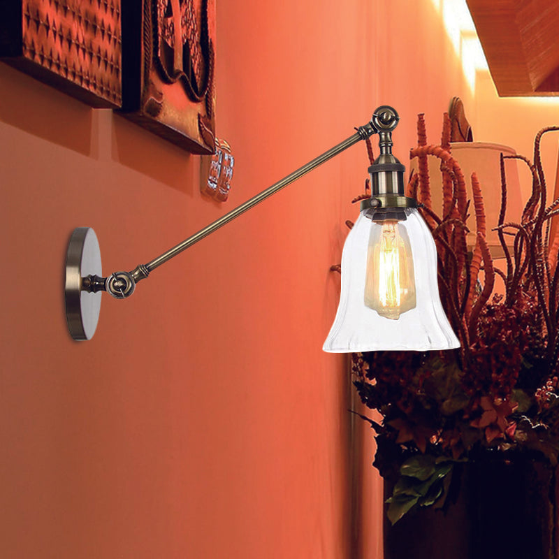 Black/Bronze/Brass 1 Light Wall Lighting Fixture Vintage Clear Glass Bell Sconce with Arm, 8"/12" Long Clearhalo 'Art deco wall lights' 'Cast Iron' 'Glass' 'Industrial wall lights' 'Industrial' 'Middle century wall lights' 'Modern' 'Rustic wall lights' 'Tiffany' 'Traditional wall lights' 'Wall Lamps & Sconces' 'Wall Lights' Lighting' 521046