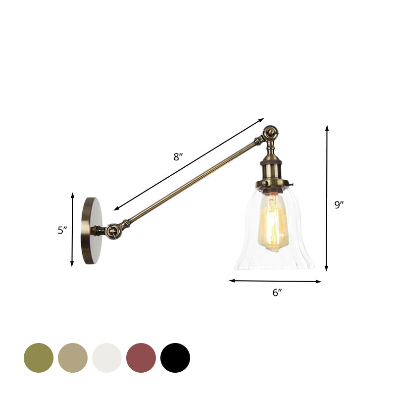 Black/Bronze/Brass 1 Light Wall Lighting Fixture Vintage Clear Glass Bell Sconce with Arm, 8"/12" Long Clearhalo 'Art deco wall lights' 'Cast Iron' 'Glass' 'Industrial wall lights' 'Industrial' 'Middle century wall lights' 'Modern' 'Rustic wall lights' 'Tiffany' 'Traditional wall lights' 'Wall Lamps & Sconces' 'Wall Lights' Lighting' 521047