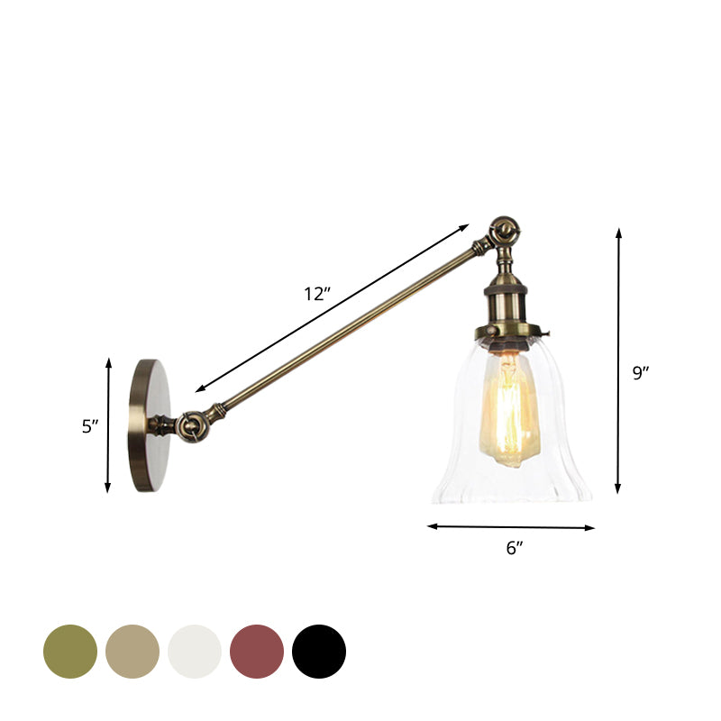 Black/Bronze/Brass 1 Light Wall Lighting Fixture Vintage Clear Glass Bell Sconce with Arm, 8"/12" Long Clearhalo 'Art deco wall lights' 'Cast Iron' 'Glass' 'Industrial wall lights' 'Industrial' 'Middle century wall lights' 'Modern' 'Rustic wall lights' 'Tiffany' 'Traditional wall lights' 'Wall Lamps & Sconces' 'Wall Lights' Lighting' 521048