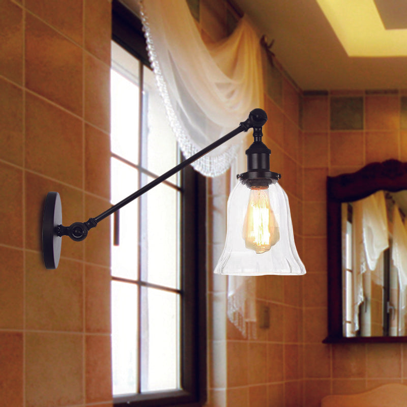 Black/Bronze/Brass 1 Light Wall Lighting Fixture Vintage Clear Glass Bell Sconce with Arm, 8"/12" Long Black Clearhalo 'Art deco wall lights' 'Cast Iron' 'Glass' 'Industrial wall lights' 'Industrial' 'Middle century wall lights' 'Modern' 'Rustic wall lights' 'Tiffany' 'Traditional wall lights' 'Wall Lamps & Sconces' 'Wall Lights' Lighting' 521049