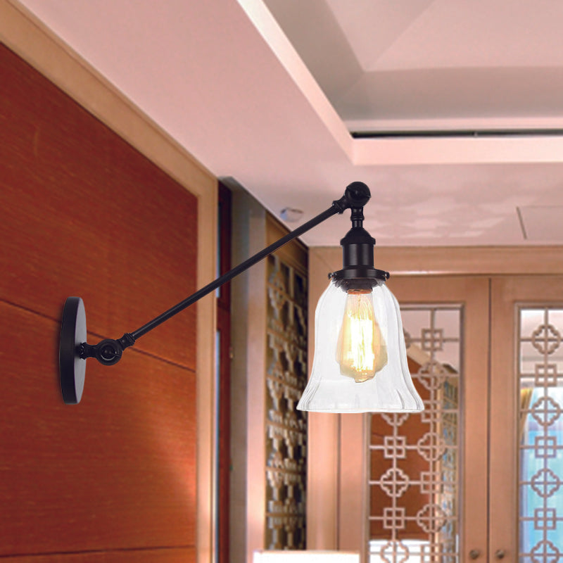 Black/Bronze/Brass 1 Light Wall Lighting Fixture Vintage Clear Glass Bell Sconce with Arm, 8"/12" Long Clearhalo 'Art deco wall lights' 'Cast Iron' 'Glass' 'Industrial wall lights' 'Industrial' 'Middle century wall lights' 'Modern' 'Rustic wall lights' 'Tiffany' 'Traditional wall lights' 'Wall Lamps & Sconces' 'Wall Lights' Lighting' 521050