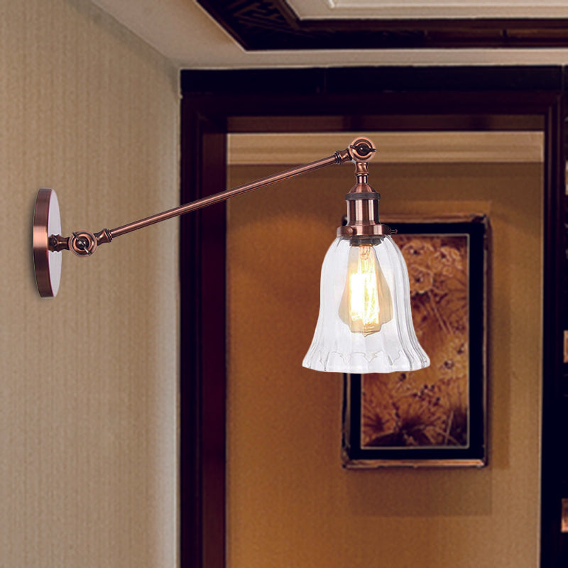 Black/Bronze/Brass 1 Light Wall Lighting Fixture Vintage Clear Glass Bell Sconce with Arm, 8"/12" Long Copper Clearhalo 'Art deco wall lights' 'Cast Iron' 'Glass' 'Industrial wall lights' 'Industrial' 'Middle century wall lights' 'Modern' 'Rustic wall lights' 'Tiffany' 'Traditional wall lights' 'Wall Lamps & Sconces' 'Wall Lights' Lighting' 521051