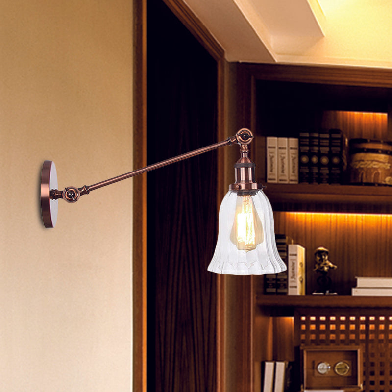 Black/Bronze/Brass 1 Light Wall Lighting Fixture Vintage Clear Glass Bell Sconce with Arm, 8"/12" Long Clearhalo 'Art deco wall lights' 'Cast Iron' 'Glass' 'Industrial wall lights' 'Industrial' 'Middle century wall lights' 'Modern' 'Rustic wall lights' 'Tiffany' 'Traditional wall lights' 'Wall Lamps & Sconces' 'Wall Lights' Lighting' 521052