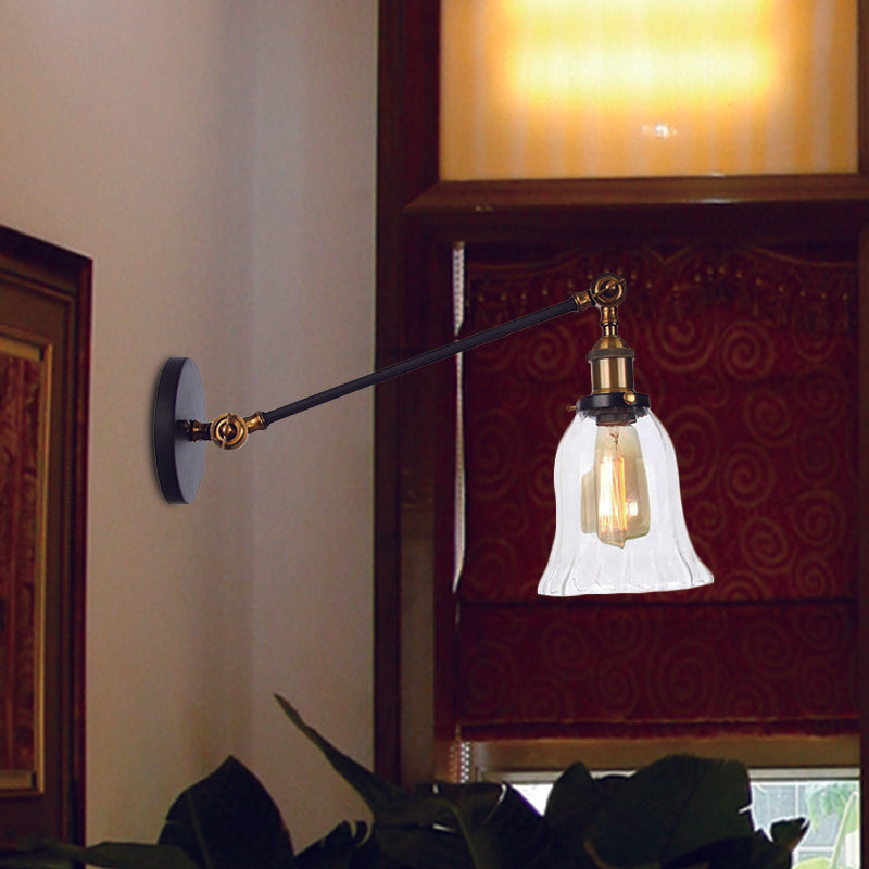 Black/Bronze/Brass 1 Light Wall Lighting Fixture Vintage Clear Glass Bell Sconce with Arm, 8"/12" Long Brass Clearhalo 'Art deco wall lights' 'Cast Iron' 'Glass' 'Industrial wall lights' 'Industrial' 'Middle century wall lights' 'Modern' 'Rustic wall lights' 'Tiffany' 'Traditional wall lights' 'Wall Lamps & Sconces' 'Wall Lights' Lighting' 521053