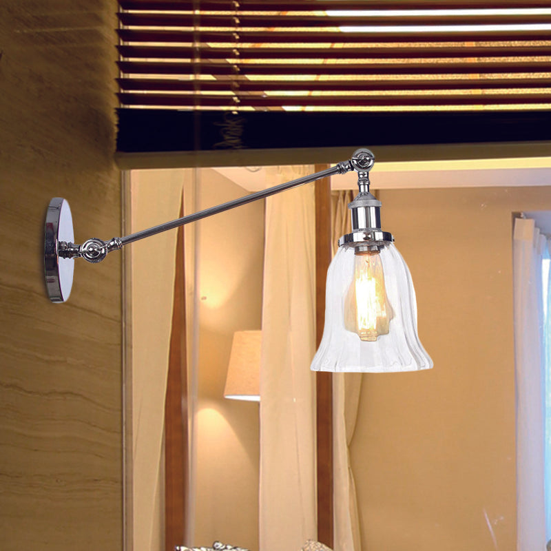 Black/Bronze/Brass 1 Light Wall Lighting Fixture Vintage Clear Glass Bell Sconce with Arm, 8"/12" Long Chrome Clearhalo 'Art deco wall lights' 'Cast Iron' 'Glass' 'Industrial wall lights' 'Industrial' 'Middle century wall lights' 'Modern' 'Rustic wall lights' 'Tiffany' 'Traditional wall lights' 'Wall Lamps & Sconces' 'Wall Lights' Lighting' 521055