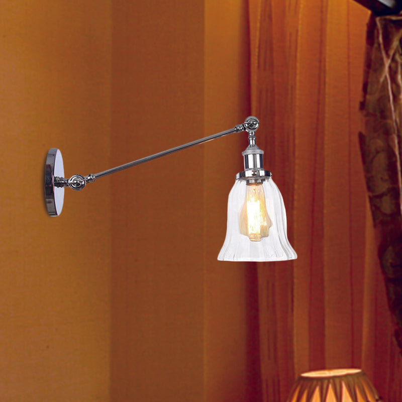 Black/Bronze/Brass 1 Light Wall Lighting Fixture Vintage Clear Glass Bell Sconce with Arm, 8"/12" Long Clearhalo 'Art deco wall lights' 'Cast Iron' 'Glass' 'Industrial wall lights' 'Industrial' 'Middle century wall lights' 'Modern' 'Rustic wall lights' 'Tiffany' 'Traditional wall lights' 'Wall Lamps & Sconces' 'Wall Lights' Lighting' 521056