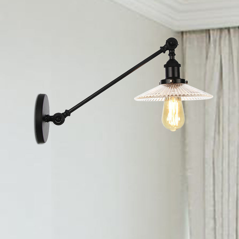 Clear Ribbed Glass Bronze/Brass/Copper Wall Mounted Lamp Saucer 1 Light Vintage Lighting Fixture, 8"/12" L Arm Black Clearhalo 'Art deco wall lights' 'Cast Iron' 'Glass' 'Industrial wall lights' 'Industrial' 'Middle century wall lights' 'Modern' 'Rustic wall lights' 'Tiffany' 'Traditional wall lights' 'Wall Lamps & Sconces' 'Wall Lights' Lighting' 521057