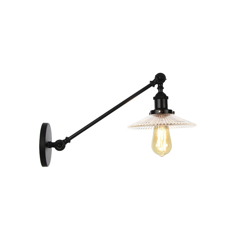 Clear Ribbed Glass Bronze/Brass/Copper Wall Mounted Lamp Saucer 1 Light Vintage Lighting Fixture, 8"/12" L Arm Clearhalo 'Art deco wall lights' 'Cast Iron' 'Glass' 'Industrial wall lights' 'Industrial' 'Middle century wall lights' 'Modern' 'Rustic wall lights' 'Tiffany' 'Traditional wall lights' 'Wall Lamps & Sconces' 'Wall Lights' Lighting' 521059