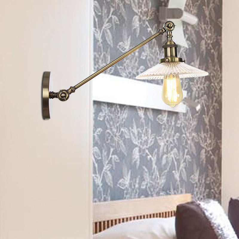 Clear Ribbed Glass Bronze/Brass/Copper Wall Mounted Lamp Saucer 1 Light Vintage Lighting Fixture, 8"/12" L Arm Bronze Clearhalo 'Art deco wall lights' 'Cast Iron' 'Glass' 'Industrial wall lights' 'Industrial' 'Middle century wall lights' 'Modern' 'Rustic wall lights' 'Tiffany' 'Traditional wall lights' 'Wall Lamps & Sconces' 'Wall Lights' Lighting' 521062