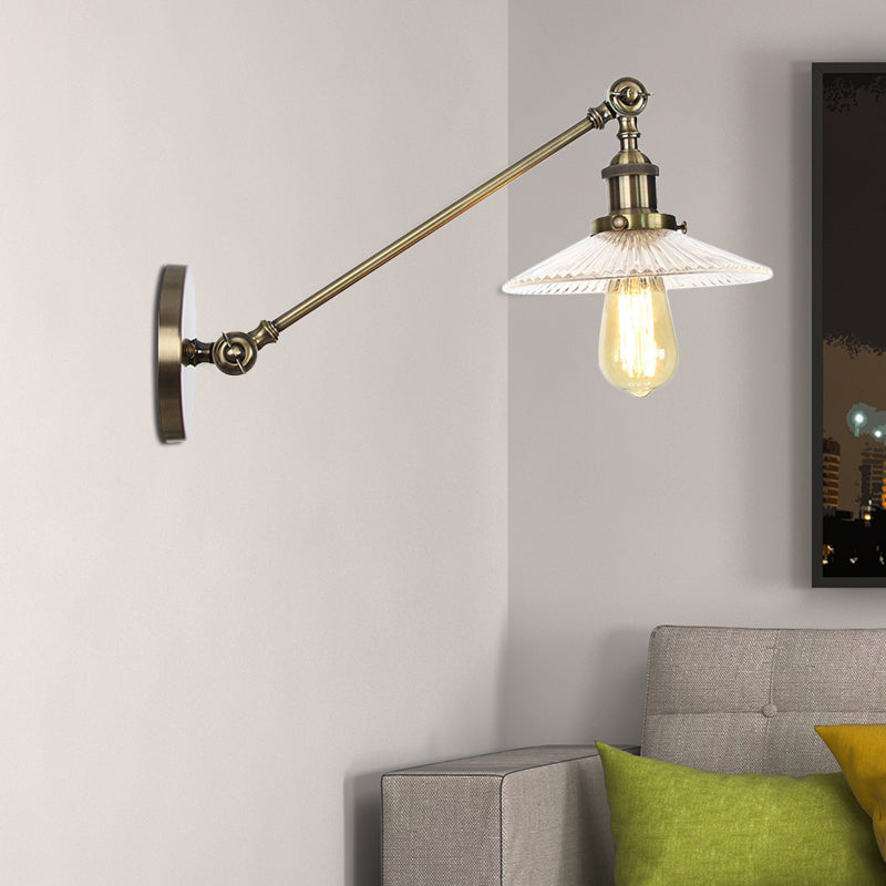 Clear Ribbed Glass Bronze/Brass/Copper Wall Mounted Lamp Saucer 1 Light Vintage Lighting Fixture, 8"/12" L Arm Clearhalo 'Art deco wall lights' 'Cast Iron' 'Glass' 'Industrial wall lights' 'Industrial' 'Middle century wall lights' 'Modern' 'Rustic wall lights' 'Tiffany' 'Traditional wall lights' 'Wall Lamps & Sconces' 'Wall Lights' Lighting' 521063