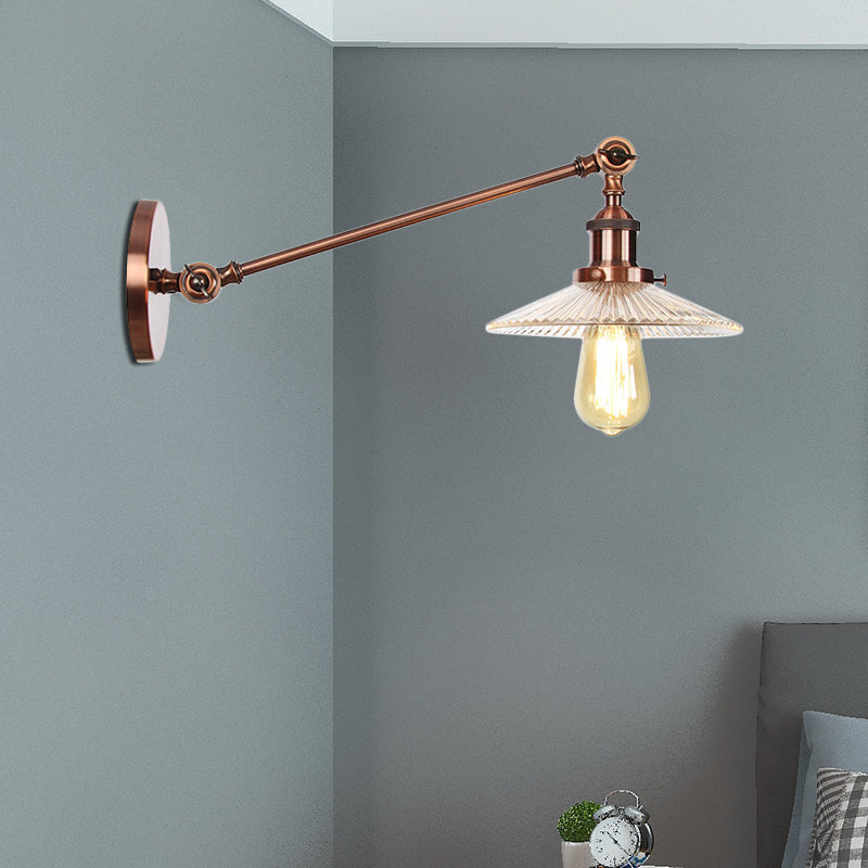 Clear Ribbed Glass Bronze/Brass/Copper Wall Mounted Lamp Saucer 1 Light Vintage Lighting Fixture, 8"/12" L Arm Clearhalo 'Art deco wall lights' 'Cast Iron' 'Glass' 'Industrial wall lights' 'Industrial' 'Middle century wall lights' 'Modern' 'Rustic wall lights' 'Tiffany' 'Traditional wall lights' 'Wall Lamps & Sconces' 'Wall Lights' Lighting' 521065