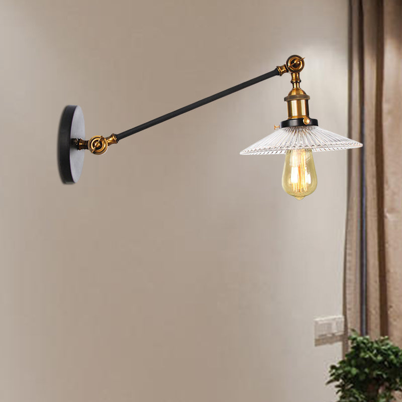 Clear Ribbed Glass Bronze/Brass/Copper Wall Mounted Lamp Saucer 1 Light Vintage Lighting Fixture, 8"/12" L Arm Clearhalo 'Art deco wall lights' 'Cast Iron' 'Glass' 'Industrial wall lights' 'Industrial' 'Middle century wall lights' 'Modern' 'Rustic wall lights' 'Tiffany' 'Traditional wall lights' 'Wall Lamps & Sconces' 'Wall Lights' Lighting' 521067