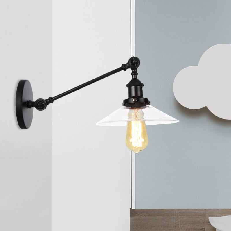 1 Light Indoor Sconce Light Vintage Black/Brass/Bronze Lighting Fixture with Cone Clear Glass Shade, 8"/12" L Arm Black 8" Clearhalo 'Art deco wall lights' 'Cast Iron' 'Glass' 'Industrial wall lights' 'Industrial' 'Middle century wall lights' 'Modern' 'Rustic wall lights' 'Tiffany' 'Traditional wall lights' 'Wall Lamps & Sconces' 'Wall Lights' Lighting' 521070