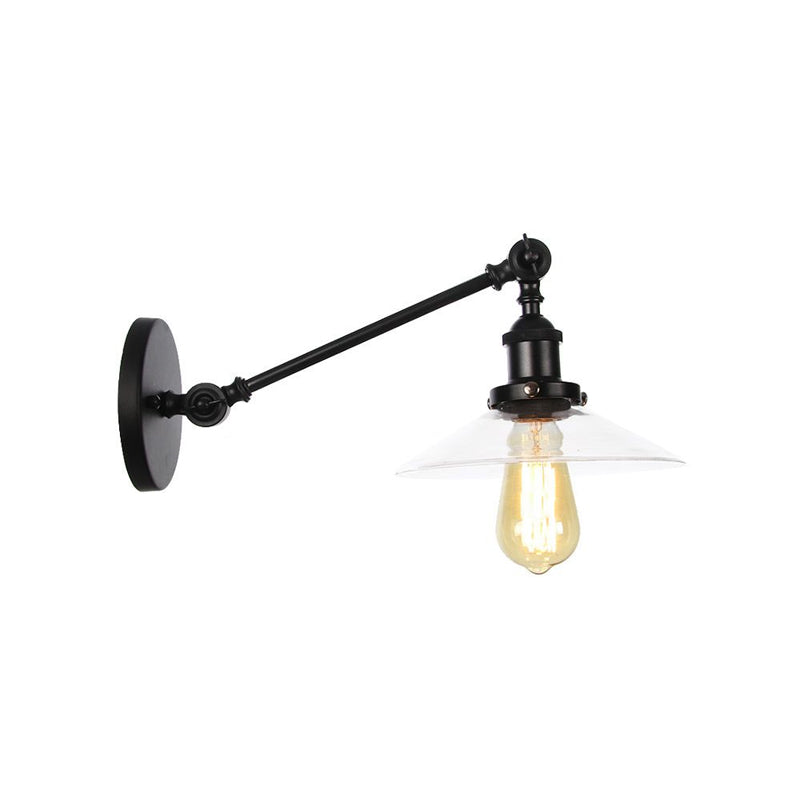 1 Light Indoor Sconce Light Vintage Black/Brass/Bronze Lighting Fixture with Cone Clear Glass Shade, 8"/12" L Arm Clearhalo 'Art deco wall lights' 'Cast Iron' 'Glass' 'Industrial wall lights' 'Industrial' 'Middle century wall lights' 'Modern' 'Rustic wall lights' 'Tiffany' 'Traditional wall lights' 'Wall Lamps & Sconces' 'Wall Lights' Lighting' 521072