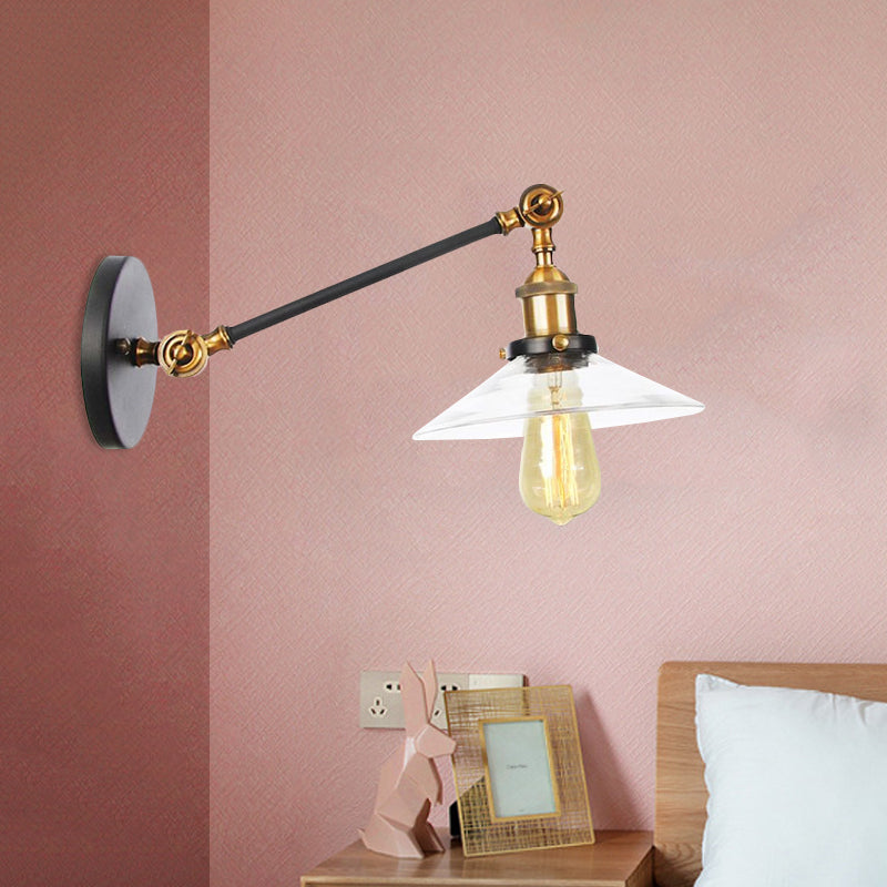 1 Light Indoor Sconce Light Vintage Black/Brass/Bronze Lighting Fixture with Cone Clear Glass Shade, 8"/12" L Arm Brass 8" Clearhalo 'Art deco wall lights' 'Cast Iron' 'Glass' 'Industrial wall lights' 'Industrial' 'Middle century wall lights' 'Modern' 'Rustic wall lights' 'Tiffany' 'Traditional wall lights' 'Wall Lamps & Sconces' 'Wall Lights' Lighting' 521077