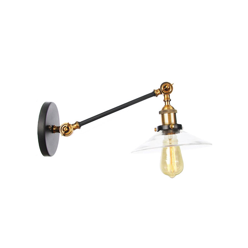 1 Light Indoor Sconce Light Vintage Black/Brass/Bronze Lighting Fixture with Cone Clear Glass Shade, 8"/12" L Arm Clearhalo 'Art deco wall lights' 'Cast Iron' 'Glass' 'Industrial wall lights' 'Industrial' 'Middle century wall lights' 'Modern' 'Rustic wall lights' 'Tiffany' 'Traditional wall lights' 'Wall Lamps & Sconces' 'Wall Lights' Lighting' 521079