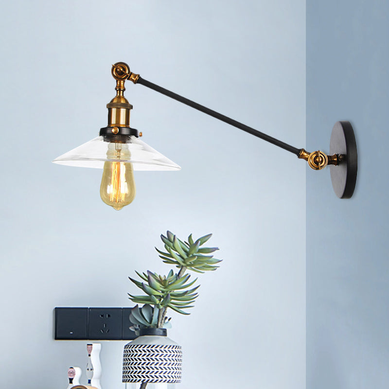 1 Light Indoor Sconce Light Vintage Black/Brass/Bronze Lighting Fixture with Cone Clear Glass Shade, 8"/12" L Arm Brass 12" Clearhalo 'Art deco wall lights' 'Cast Iron' 'Glass' 'Industrial wall lights' 'Industrial' 'Middle century wall lights' 'Modern' 'Rustic wall lights' 'Tiffany' 'Traditional wall lights' 'Wall Lamps & Sconces' 'Wall Lights' Lighting' 521080
