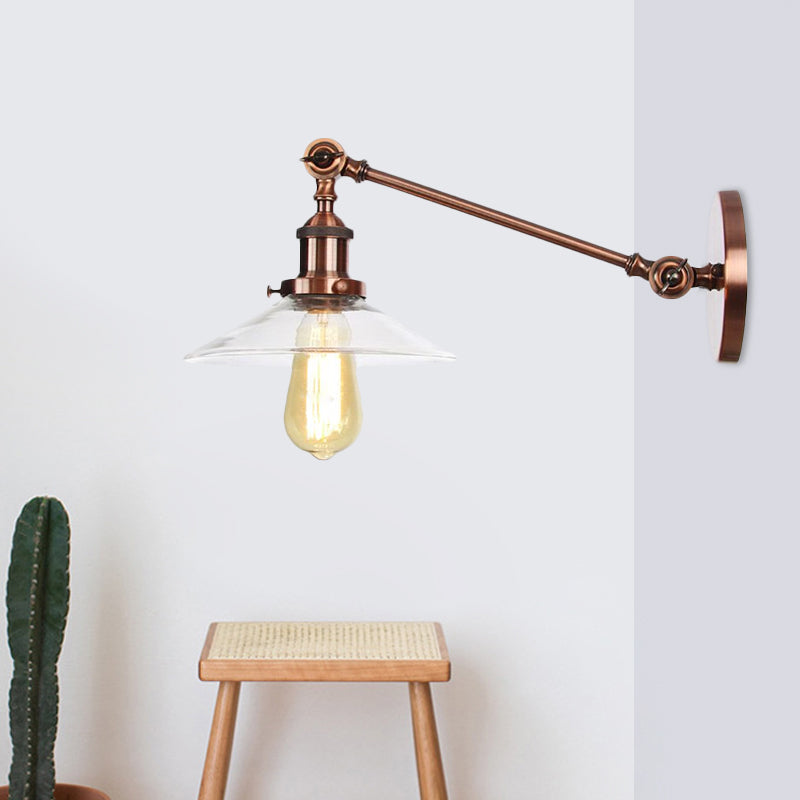 1 Light Indoor Sconce Light Vintage Black/Brass/Bronze Lighting Fixture with Cone Clear Glass Shade, 8"/12" L Arm Copper 8" Clearhalo 'Art deco wall lights' 'Cast Iron' 'Glass' 'Industrial wall lights' 'Industrial' 'Middle century wall lights' 'Modern' 'Rustic wall lights' 'Tiffany' 'Traditional wall lights' 'Wall Lamps & Sconces' 'Wall Lights' Lighting' 521082