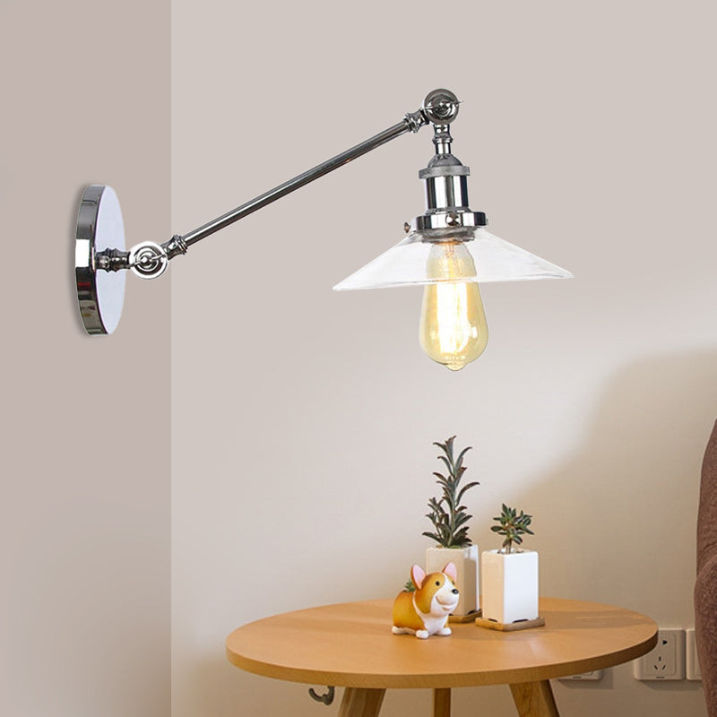 1 Light Indoor Sconce Light Vintage Black/Brass/Bronze Lighting Fixture with Cone Clear Glass Shade, 8"/12" L Arm Clearhalo 'Art deco wall lights' 'Cast Iron' 'Glass' 'Industrial wall lights' 'Industrial' 'Middle century wall lights' 'Modern' 'Rustic wall lights' 'Tiffany' 'Traditional wall lights' 'Wall Lamps & Sconces' 'Wall Lights' Lighting' 521093