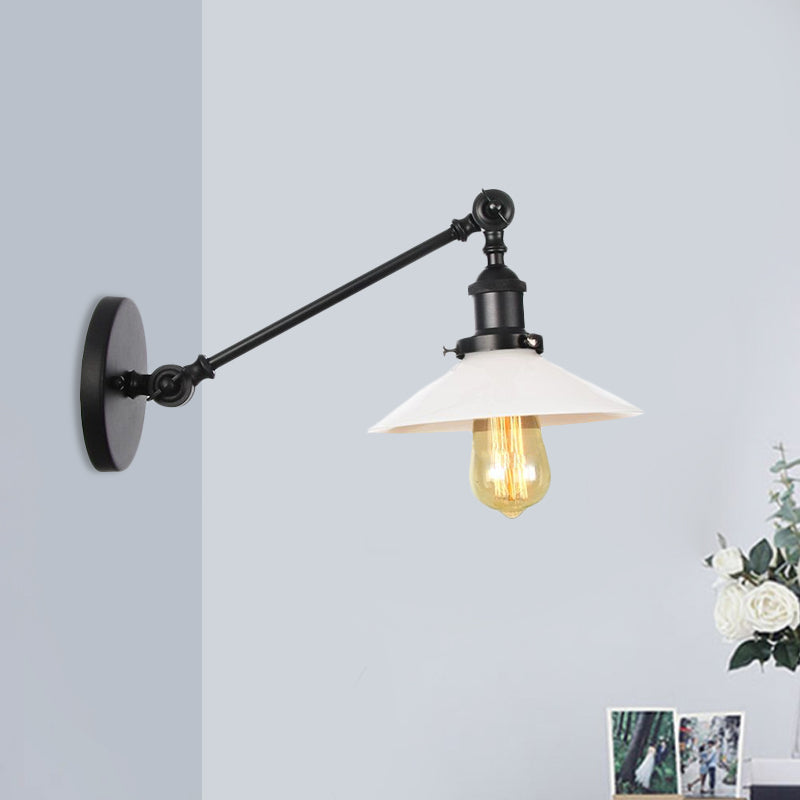 Industrial Conical Sconce Light 1 Light Opal Glass Wall Lamp in Black/Bronze/Brass with Arm, 8"/12" L Black 8" Clearhalo 'Art deco wall lights' 'Cast Iron' 'Glass' 'Industrial wall lights' 'Industrial' 'Middle century wall lights' 'Modern' 'Rustic wall lights' 'Tiffany' 'Traditional wall lights' 'Wall Lamps & Sconces' 'Wall Lights' Lighting' 521097