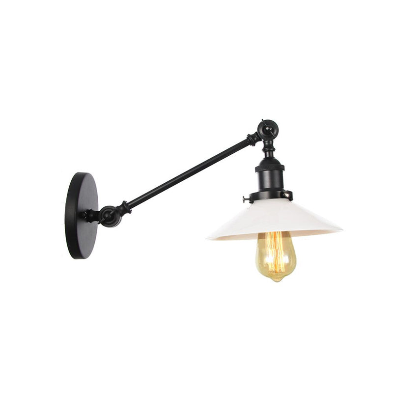 Industrial Conical Sconce Light 1 Light Opal Glass Wall Lamp in Black/Bronze/Brass with Arm, 8"/12" L Clearhalo 'Art deco wall lights' 'Cast Iron' 'Glass' 'Industrial wall lights' 'Industrial' 'Middle century wall lights' 'Modern' 'Rustic wall lights' 'Tiffany' 'Traditional wall lights' 'Wall Lamps & Sconces' 'Wall Lights' Lighting' 521099