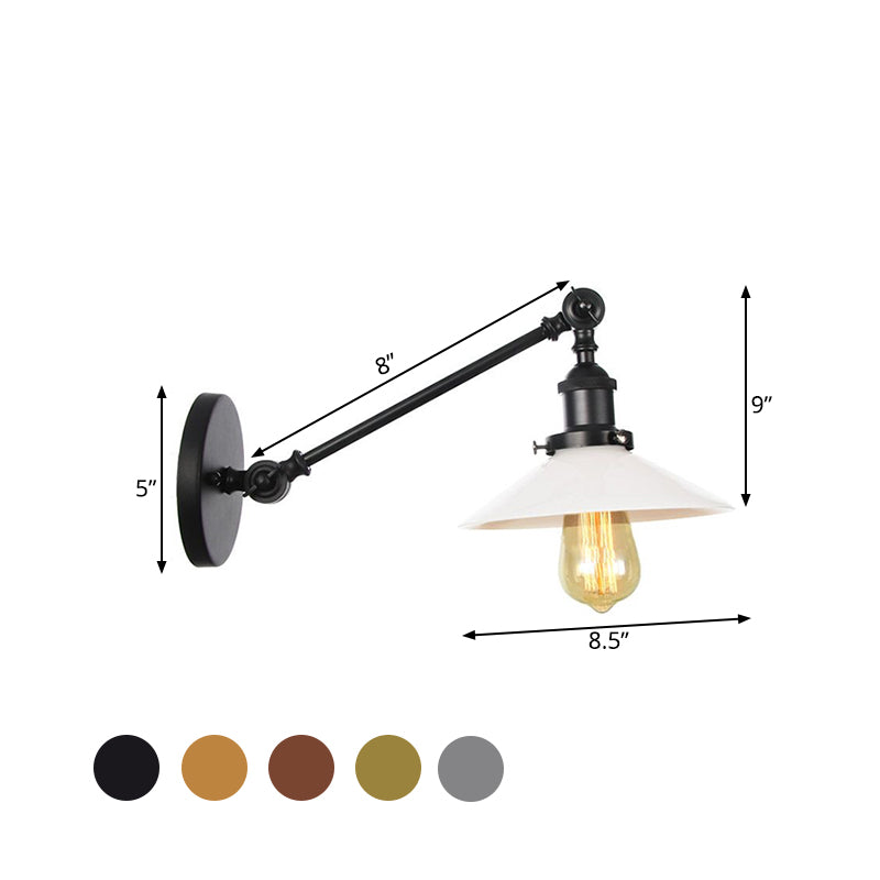 Industrial Conical Sconce Light 1 Light Opal Glass Wall Lamp in Black/Bronze/Brass with Arm, 8"/12" L Clearhalo 'Art deco wall lights' 'Cast Iron' 'Glass' 'Industrial wall lights' 'Industrial' 'Middle century wall lights' 'Modern' 'Rustic wall lights' 'Tiffany' 'Traditional wall lights' 'Wall Lamps & Sconces' 'Wall Lights' Lighting' 521100