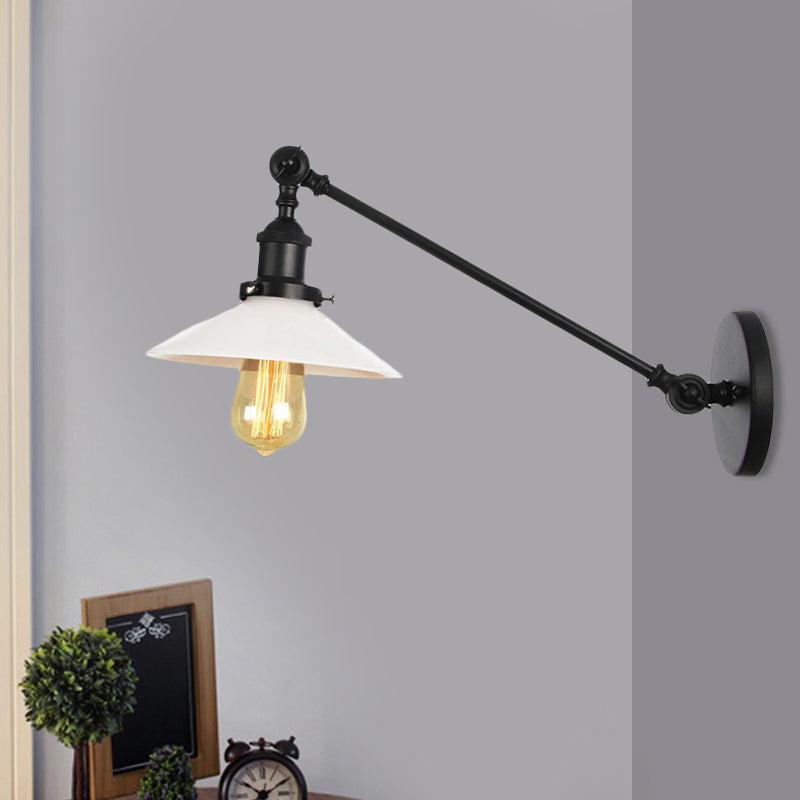 Industrial Conical Sconce Light 1 Light Opal Glass Wall Lamp in Black/Bronze/Brass with Arm, 8"/12" L Black 12" Clearhalo 'Art deco wall lights' 'Cast Iron' 'Glass' 'Industrial wall lights' 'Industrial' 'Middle century wall lights' 'Modern' 'Rustic wall lights' 'Tiffany' 'Traditional wall lights' 'Wall Lamps & Sconces' 'Wall Lights' Lighting' 521101