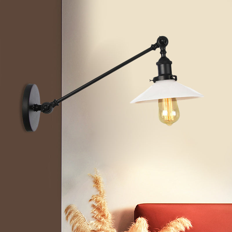 Industrial Conical Sconce Light 1 Light Opal Glass Wall Lamp in Black/Bronze/Brass with Arm, 8"/12" L Clearhalo 'Art deco wall lights' 'Cast Iron' 'Glass' 'Industrial wall lights' 'Industrial' 'Middle century wall lights' 'Modern' 'Rustic wall lights' 'Tiffany' 'Traditional wall lights' 'Wall Lamps & Sconces' 'Wall Lights' Lighting' 521102