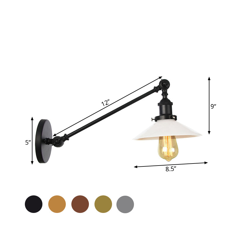 Industrial Conical Sconce Light 1 Light Opal Glass Wall Lamp in Black/Bronze/Brass with Arm, 8"/12" L Clearhalo 'Art deco wall lights' 'Cast Iron' 'Glass' 'Industrial wall lights' 'Industrial' 'Middle century wall lights' 'Modern' 'Rustic wall lights' 'Tiffany' 'Traditional wall lights' 'Wall Lamps & Sconces' 'Wall Lights' Lighting' 521103