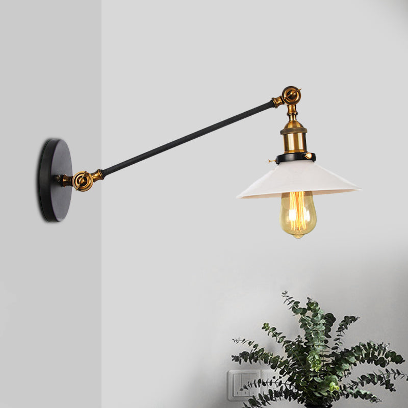 Industrial Conical Sconce Light 1 Light Opal Glass Wall Lamp in Black/Bronze/Brass with Arm, 8"/12" L Brass 12" Clearhalo 'Art deco wall lights' 'Cast Iron' 'Glass' 'Industrial wall lights' 'Industrial' 'Middle century wall lights' 'Modern' 'Rustic wall lights' 'Tiffany' 'Traditional wall lights' 'Wall Lamps & Sconces' 'Wall Lights' Lighting' 521107
