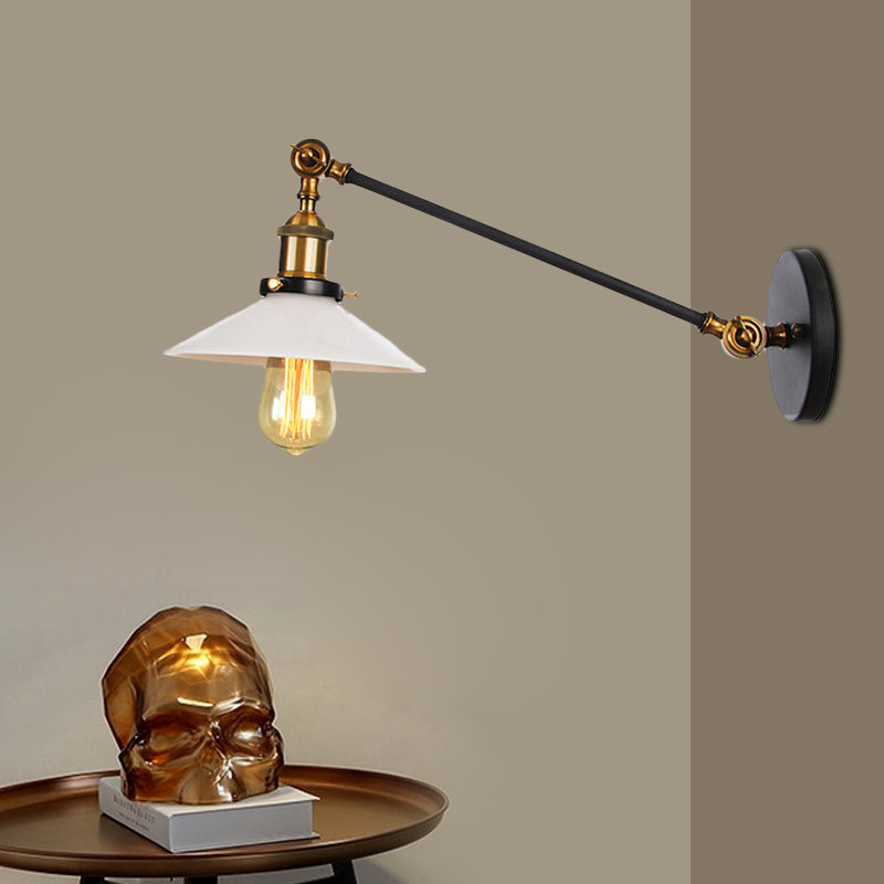 Industrial Conical Sconce Light 1 Light Opal Glass Wall Lamp in Black/Bronze/Brass with Arm, 8"/12" L Clearhalo 'Art deco wall lights' 'Cast Iron' 'Glass' 'Industrial wall lights' 'Industrial' 'Middle century wall lights' 'Modern' 'Rustic wall lights' 'Tiffany' 'Traditional wall lights' 'Wall Lamps & Sconces' 'Wall Lights' Lighting' 521108