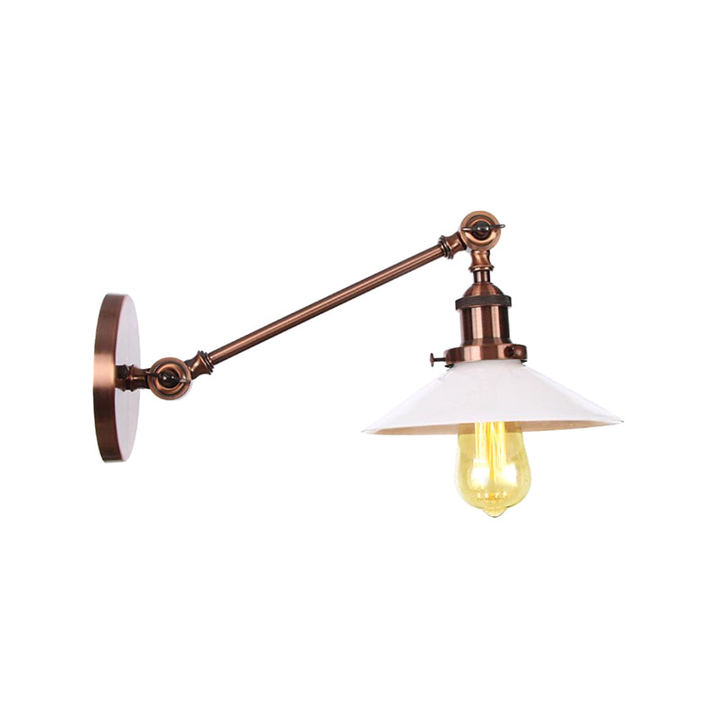Industrial Conical Sconce Light 1 Light Opal Glass Wall Lamp in Black/Bronze/Brass with Arm, 8"/12" L Clearhalo 'Art deco wall lights' 'Cast Iron' 'Glass' 'Industrial wall lights' 'Industrial' 'Middle century wall lights' 'Modern' 'Rustic wall lights' 'Tiffany' 'Traditional wall lights' 'Wall Lamps & Sconces' 'Wall Lights' Lighting' 521111