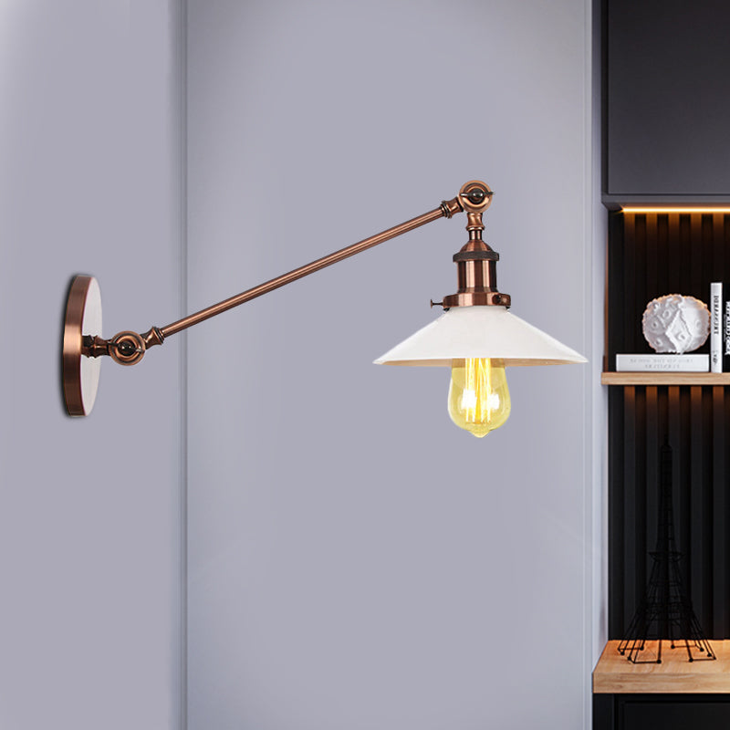 Industrial Conical Sconce Light 1 Light Opal Glass Wall Lamp in Black/Bronze/Brass with Arm, 8"/12" L Copper 12" Clearhalo 'Art deco wall lights' 'Cast Iron' 'Glass' 'Industrial wall lights' 'Industrial' 'Middle century wall lights' 'Modern' 'Rustic wall lights' 'Tiffany' 'Traditional wall lights' 'Wall Lamps & Sconces' 'Wall Lights' Lighting' 521112