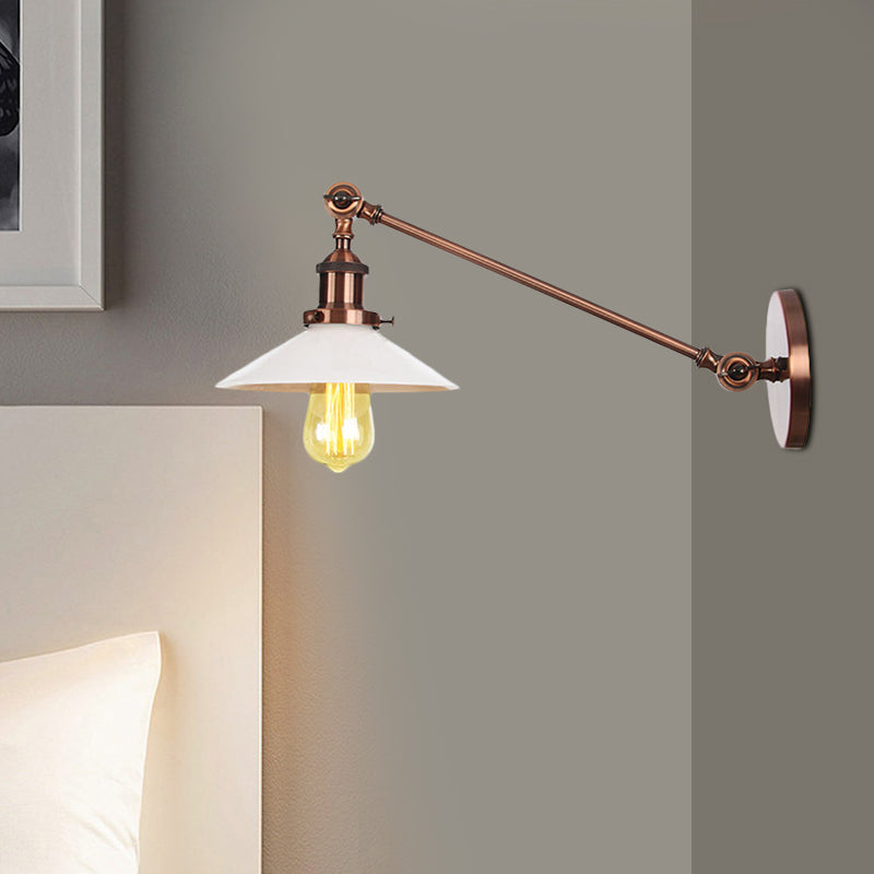 Industrial Conical Sconce Light 1 Light Opal Glass Wall Lamp in Black/Bronze/Brass with Arm, 8"/12" L Clearhalo 'Art deco wall lights' 'Cast Iron' 'Glass' 'Industrial wall lights' 'Industrial' 'Middle century wall lights' 'Modern' 'Rustic wall lights' 'Tiffany' 'Traditional wall lights' 'Wall Lamps & Sconces' 'Wall Lights' Lighting' 521113