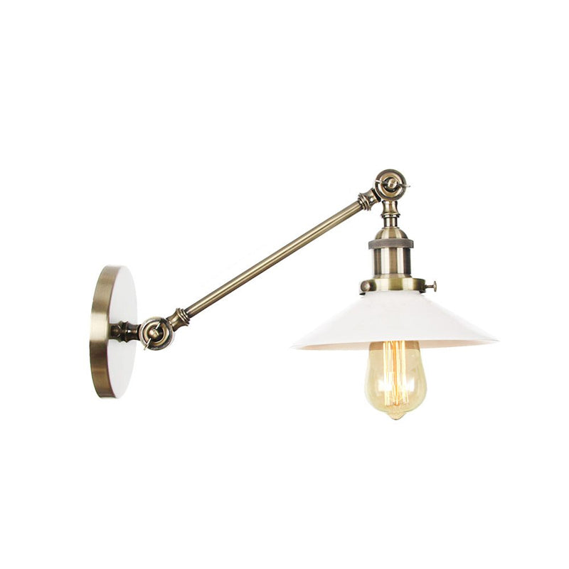 Industrial Conical Sconce Light 1 Light Opal Glass Wall Lamp in Black/Bronze/Brass with Arm, 8"/12" L Clearhalo 'Art deco wall lights' 'Cast Iron' 'Glass' 'Industrial wall lights' 'Industrial' 'Middle century wall lights' 'Modern' 'Rustic wall lights' 'Tiffany' 'Traditional wall lights' 'Wall Lamps & Sconces' 'Wall Lights' Lighting' 521116