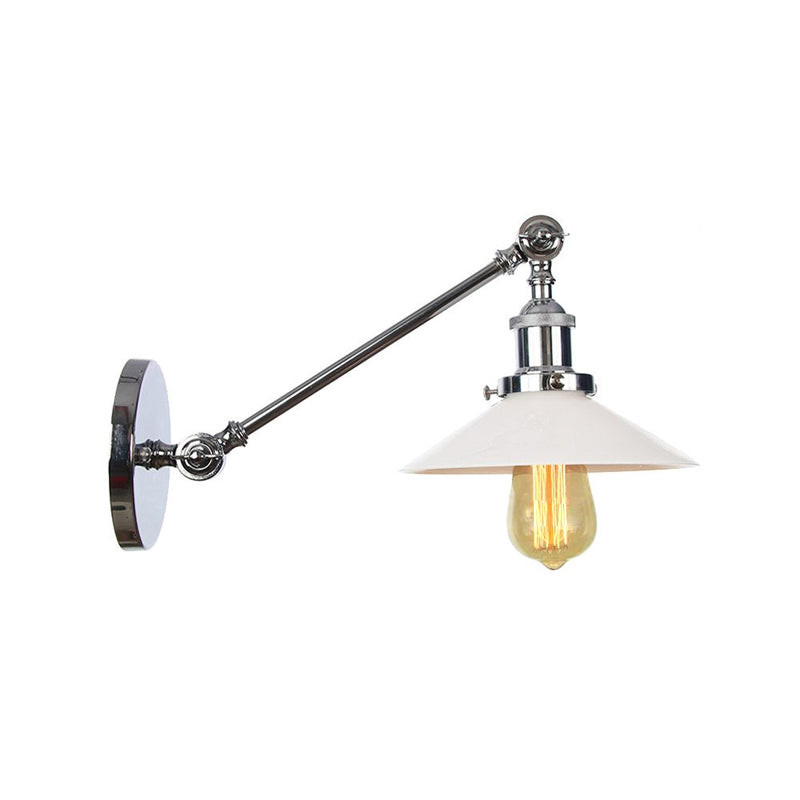 Industrial Conical Sconce Light 1 Light Opal Glass Wall Lamp in Black/Bronze/Brass with Arm, 8"/12" L Clearhalo 'Art deco wall lights' 'Cast Iron' 'Glass' 'Industrial wall lights' 'Industrial' 'Middle century wall lights' 'Modern' 'Rustic wall lights' 'Tiffany' 'Traditional wall lights' 'Wall Lamps & Sconces' 'Wall Lights' Lighting' 521121