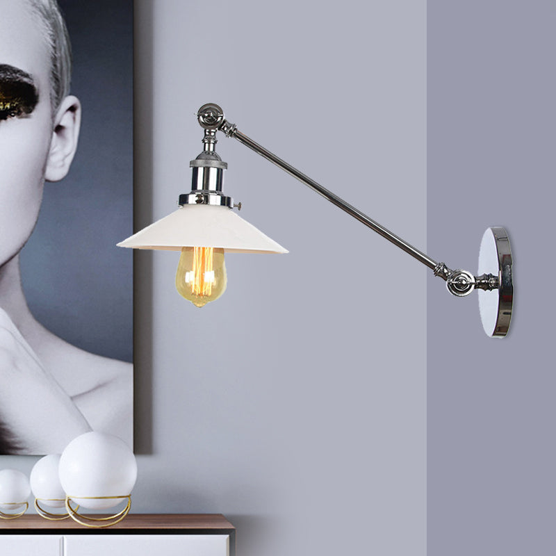 Industrial Conical Sconce Light 1 Light Opal Glass Wall Lamp in Black/Bronze/Brass with Arm, 8"/12" L Clearhalo 'Art deco wall lights' 'Cast Iron' 'Glass' 'Industrial wall lights' 'Industrial' 'Middle century wall lights' 'Modern' 'Rustic wall lights' 'Tiffany' 'Traditional wall lights' 'Wall Lamps & Sconces' 'Wall Lights' Lighting' 521123