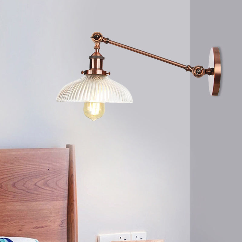 Black/Bronze/Brass 1 Light Wall Mounted Light Vintage Clear Ribbed Glass Domed Sconce, 8"/12" L Arm Clearhalo 'Wall Lamps & Sconces' 'Wall Lights' Lighting' 521137