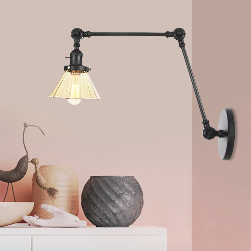 Industrial Cone Wall Mounted Light 1 Light Clear/Amber Glass Sconce in Black/Bronze/Brass with Arm, 8"+8"/8"+8"+8" Long Black Amber 8"+8" Clearhalo 'Art deco wall lights' 'Cast Iron' 'Glass' 'Industrial wall lights' 'Industrial' 'Middle century wall lights' 'Modern' 'Rustic wall lights' 'Tiffany' 'Traditional wall lights' 'Wall Lamps & Sconces' 'Wall Lights' Lighting' 521151