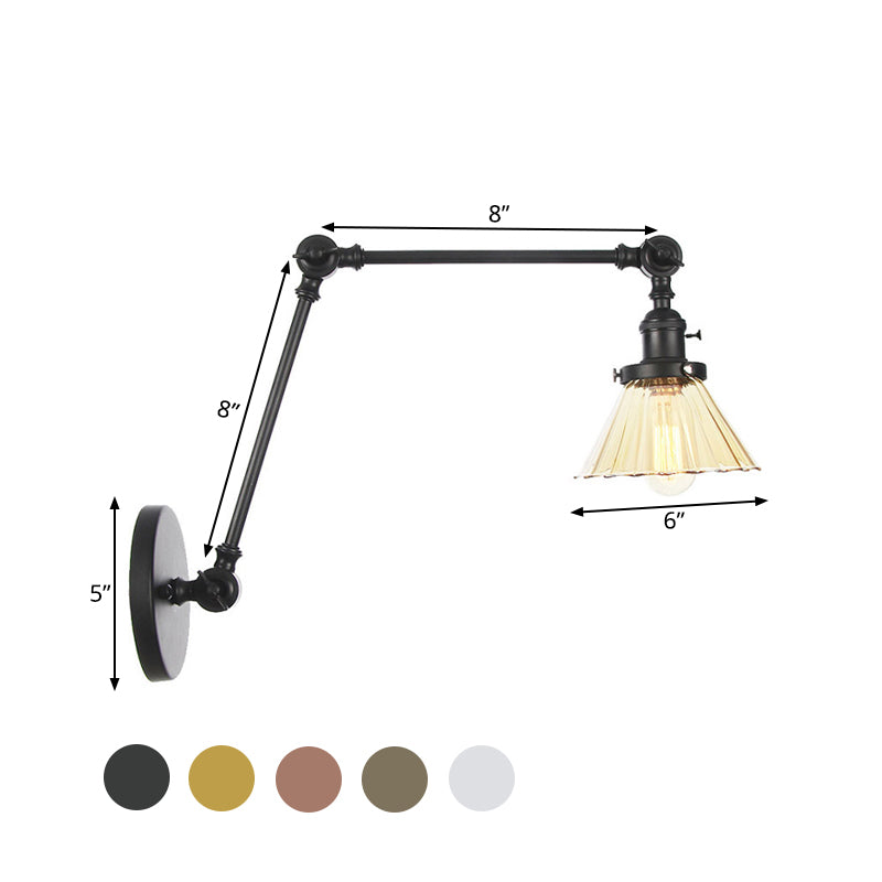 Industrial Cone Wall Mounted Light 1 Light Clear/Amber Glass Sconce in Black/Bronze/Brass with Arm, 8"+8"/8"+8"+8" Long Clearhalo 'Art deco wall lights' 'Cast Iron' 'Glass' 'Industrial wall lights' 'Industrial' 'Middle century wall lights' 'Modern' 'Rustic wall lights' 'Tiffany' 'Traditional wall lights' 'Wall Lamps & Sconces' 'Wall Lights' Lighting' 521153