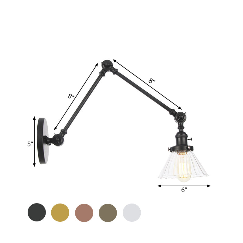 Industrial Cone Wall Mounted Light 1 Light Clear/Amber Glass Sconce in Black/Bronze/Brass with Arm, 8"+8"/8"+8"+8" Long Clearhalo 'Art deco wall lights' 'Cast Iron' 'Glass' 'Industrial wall lights' 'Industrial' 'Middle century wall lights' 'Modern' 'Rustic wall lights' 'Tiffany' 'Traditional wall lights' 'Wall Lamps & Sconces' 'Wall Lights' Lighting' 521156