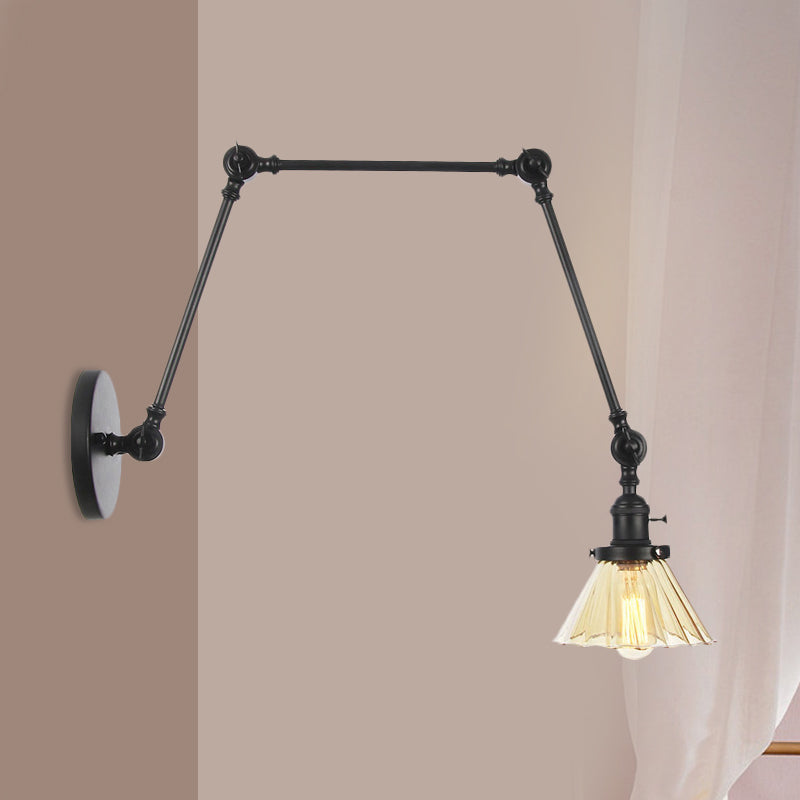 Industrial Cone Wall Mounted Light 1 Light Clear/Amber Glass Sconce in Black/Bronze/Brass with Arm, 8"+8"/8"+8"+8" Long Black Amber 8"+8"+8" Clearhalo 'Art deco wall lights' 'Cast Iron' 'Glass' 'Industrial wall lights' 'Industrial' 'Middle century wall lights' 'Modern' 'Rustic wall lights' 'Tiffany' 'Traditional wall lights' 'Wall Lamps & Sconces' 'Wall Lights' Lighting' 521157