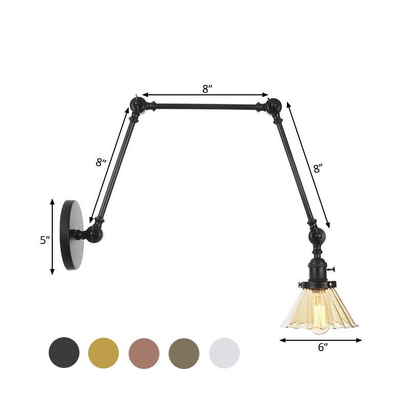 Industrial Cone Wall Mounted Light 1 Light Clear/Amber Glass Sconce in Black/Bronze/Brass with Arm, 8"+8"/8"+8"+8" Long Clearhalo 'Art deco wall lights' 'Cast Iron' 'Glass' 'Industrial wall lights' 'Industrial' 'Middle century wall lights' 'Modern' 'Rustic wall lights' 'Tiffany' 'Traditional wall lights' 'Wall Lamps & Sconces' 'Wall Lights' Lighting' 521159